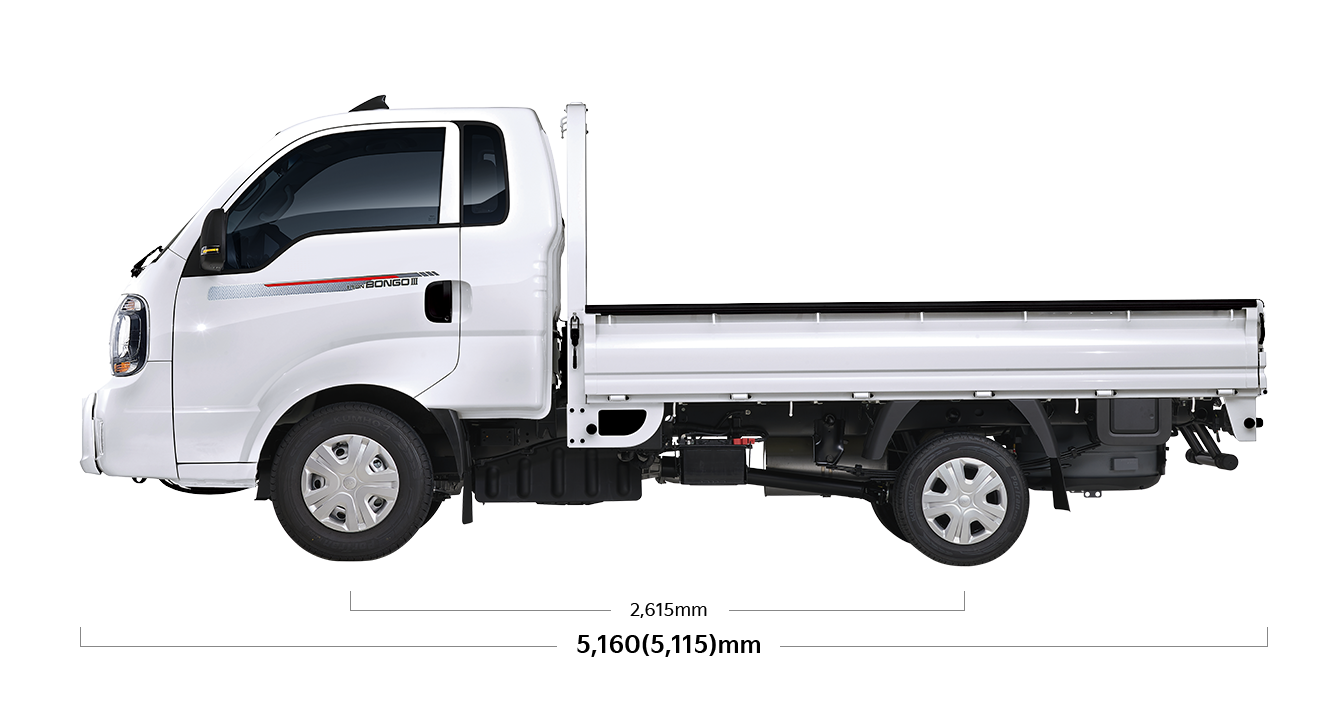 봉고 III 트럭 제원 측면 : 전장 5,160(5,115)mm, 축거 2,615mm
