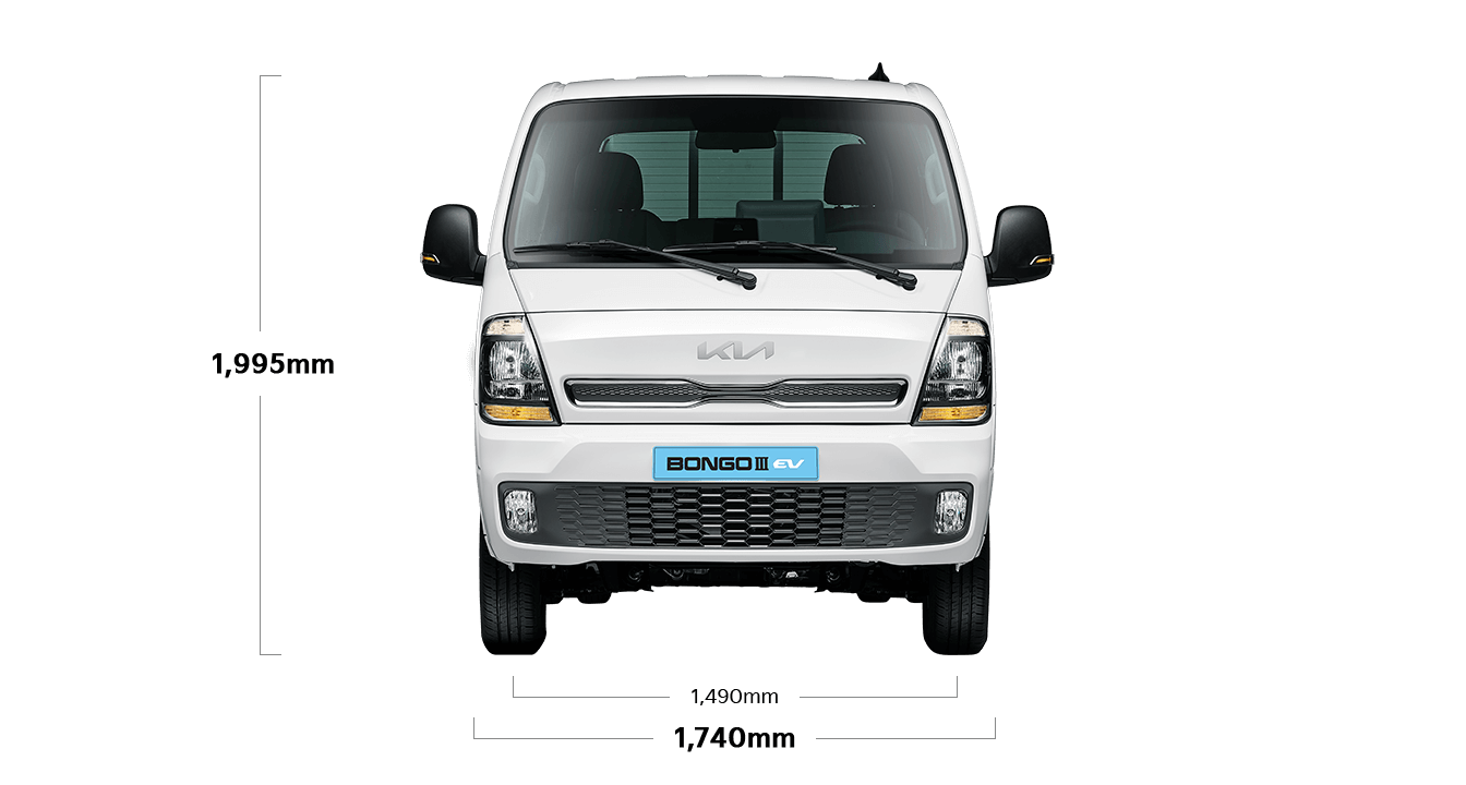 봉고 III EV 제원 정면 : 전폭 1,740mm, 전고 1,995mm, 윤거 전 1,490mm