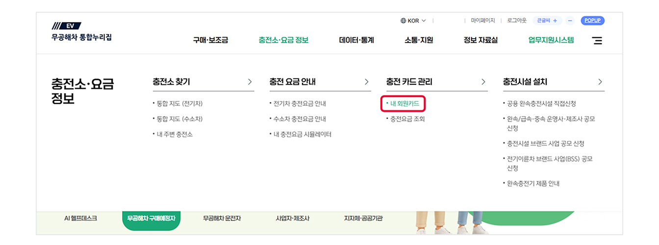 무공해차 통합누리집의 상단 메뉴 중 '충전소·요금 정보'의 '충전 카드 관리'의 '내 회원카드 버튼에 빨간색 네모 표시