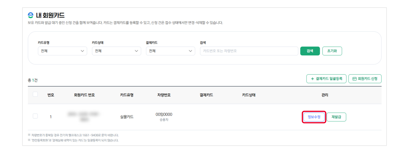 무공해차 통합누리집의 내 회원카드 페이지 표 내 우측 '정보수정 ' 버튼에 빨간색 네모 표시