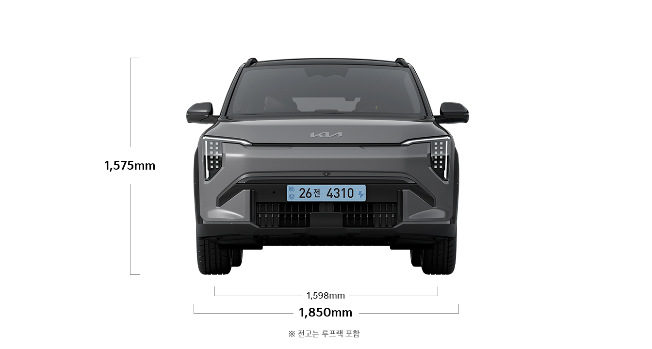 EV3 GT 제원 정면 : 전폭 1,850mm, 전고 1,575mm
