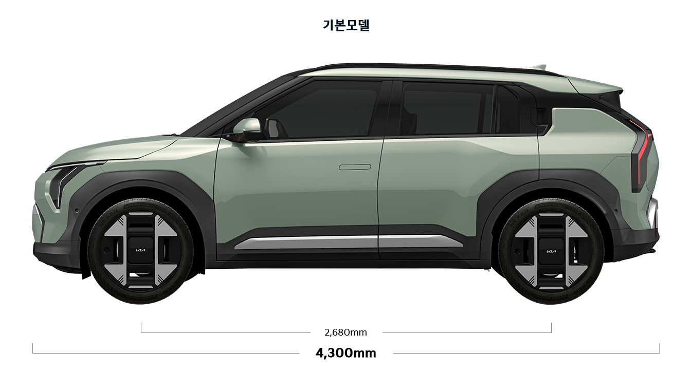 EV3 기본모델 제원 측면 : 전장 4,300mm, 축거 2,680mm