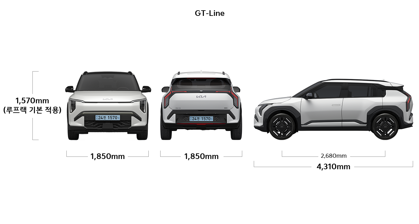 EV3 GT-line 제원 정면,후면,측면 : 전폭 1,850mm, 전고 1,570mm (루프랙 기본 적용), 윤거 전 1,610mm, 전폭 1,850mm, 전장 4,310mm, 축거 2,680mm