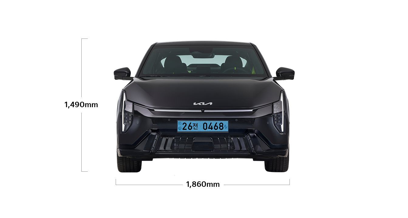 EV4 GT 제원 정면 : 전폭 1,860mm, 전고 1,490mm