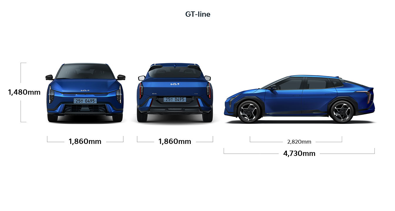 EV4 GT-line 제원 정면,후면,측면 : 전고 1,480mm, 전폭 1,860mm, 축거 2,820mm,전장 4,730mm