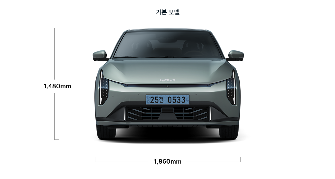 EV4 기본 모델 제원 정면 : 전고 1,480mm, 전폭 1,860mm
