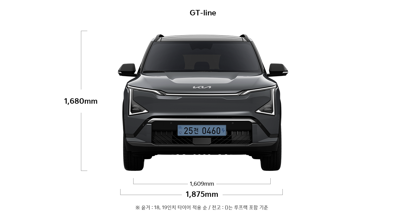 EV5 GT-line 제원 정면 : 전고 1,680mm, 전폭 1,875mm