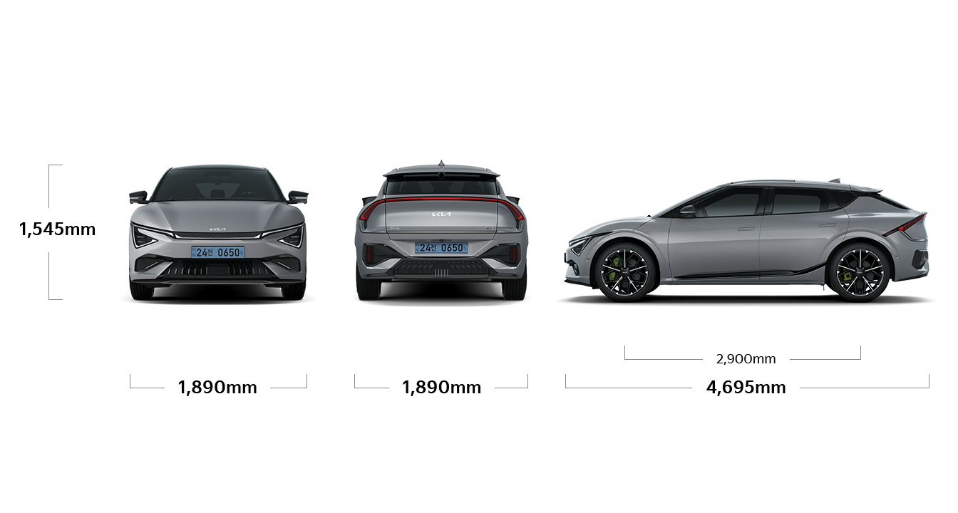 EV6 GT 제원 정면,후면,측면 : 전폭 1,890mm, 전고 1,545mm, 전폭 1,890mm, 전장 4,695mm, 축거 2,900mm