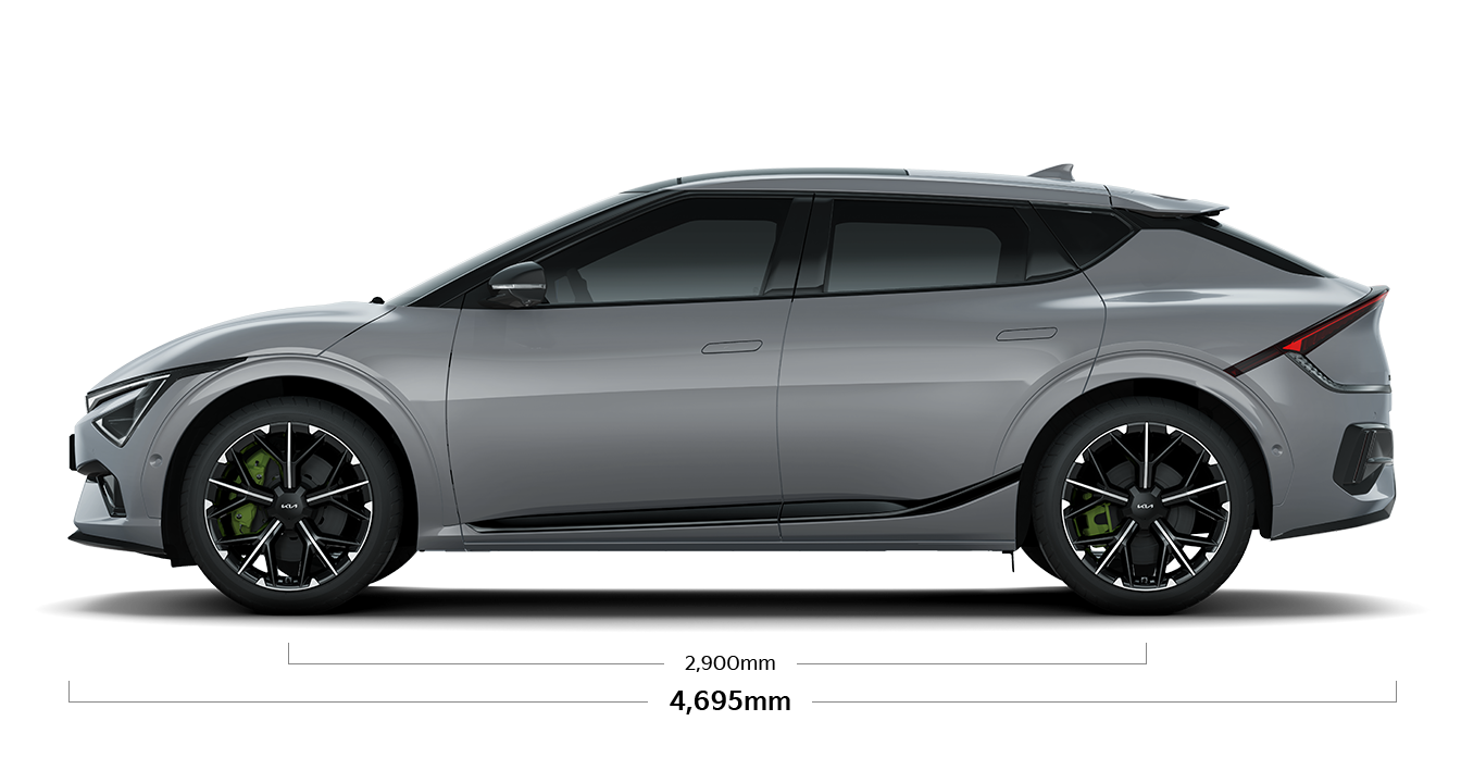 EV6 GT 제원 측면 : 전장 4,695mm, 축거 2,900mm