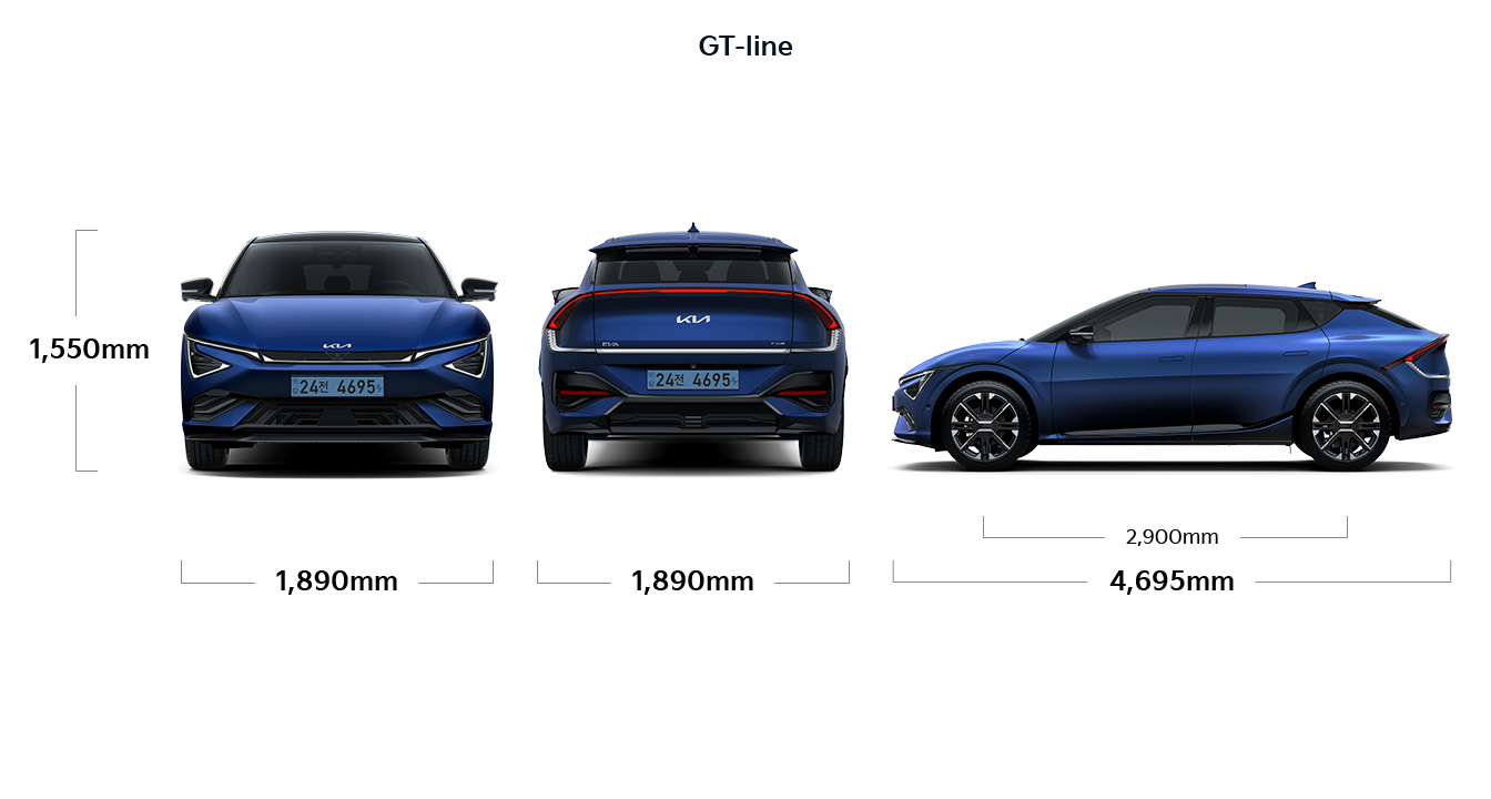 EV6 GT-line 제원 정면,후면,측면 : 전폭 1,890mm, 전고 1,550mm, 전폭 1,890mm, 전장 4,695mm, 축거 2,900mm