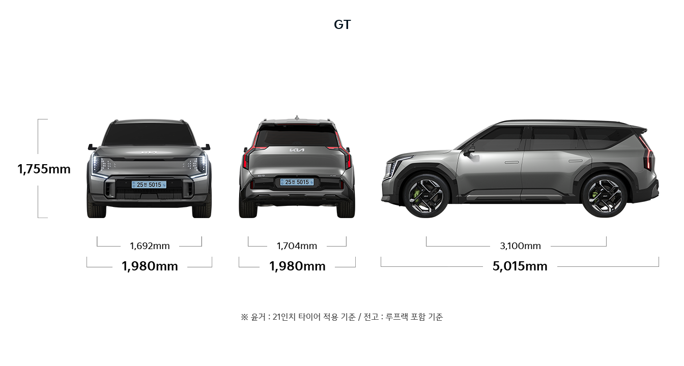 EV9 GT 제원 정면,후면,측면 : 전폭 1,980mm, 전고 1,755mm, 윤거 전 1,692mm, 전폭 1,980mm, 윤거 후 1,704mm, 전장 5,015mm, 축거 3,100mm ※ 윤거 : 21인치 타이어 적용 기준 / 전고 : 루프랙 포함 기준