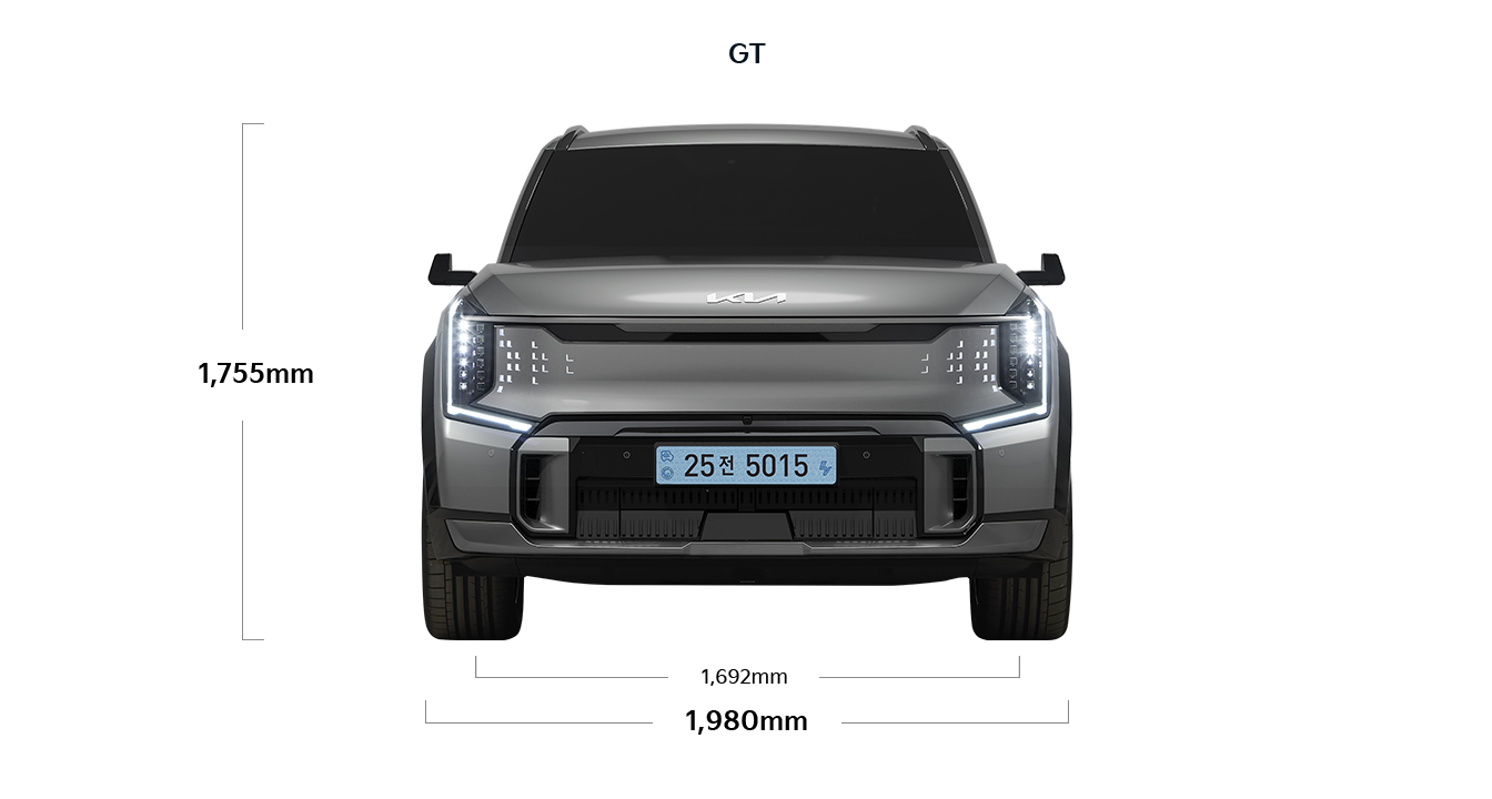 EV9 GT 제원 정면 : 전폭 1,980mm, 전고 1,755mm, 윤거 전 1,692mm