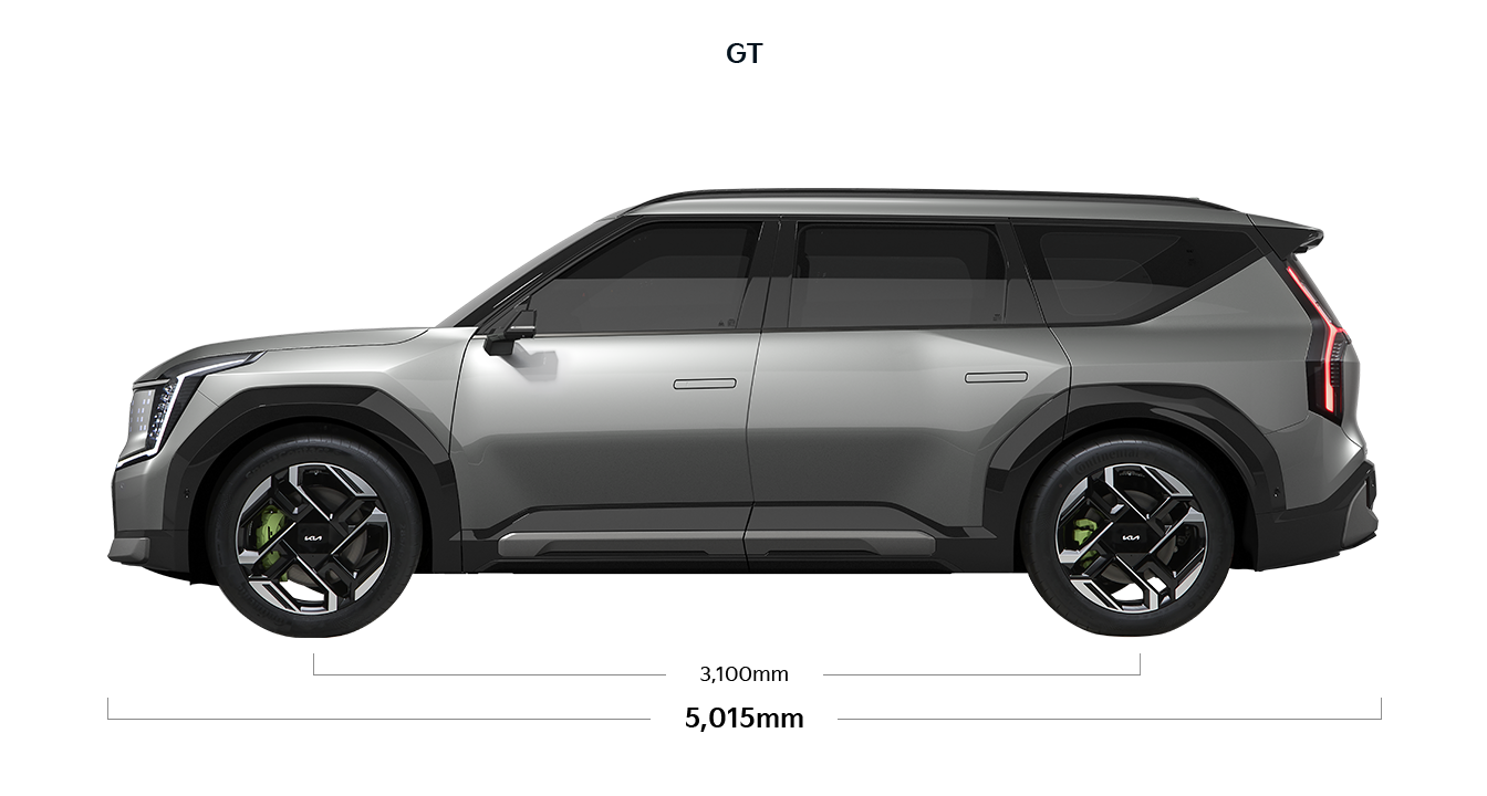 EV9 GT 제원 측면 : 전장 5,015mm, 축거 3,100mm