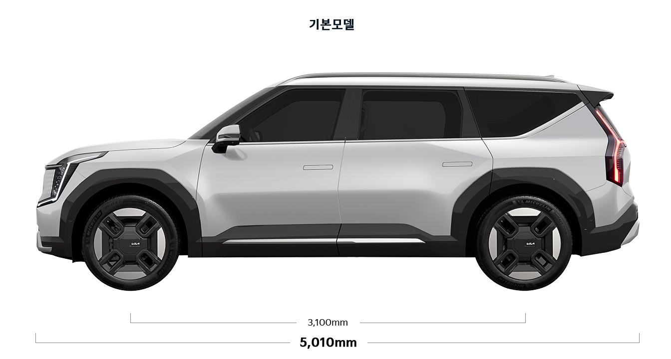 EV9 기본모델 제원 측면 : 전장 5,010mm, 축거 3,100mm