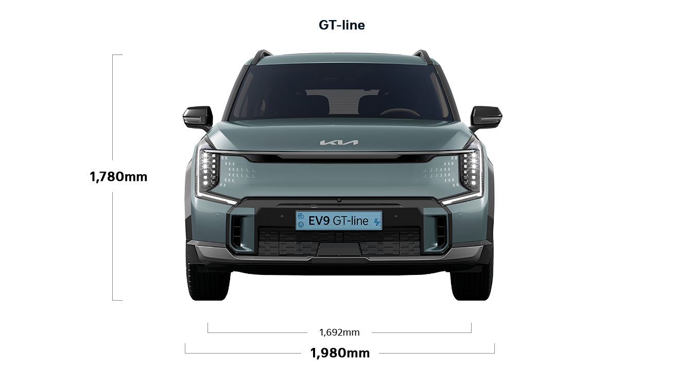 EV9 GT-line 제원 정면 : 전폭 1,980mm, 전고 1,780mm, 윤거 전 1,692mm