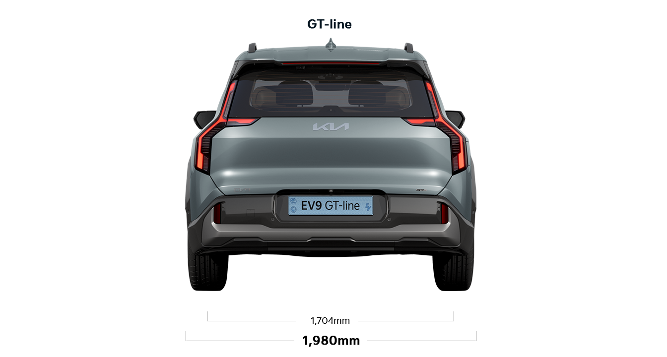 EV9 GT-line 제원 후면 : 전폭 1,980mm, 윤거 후 1,704mm
