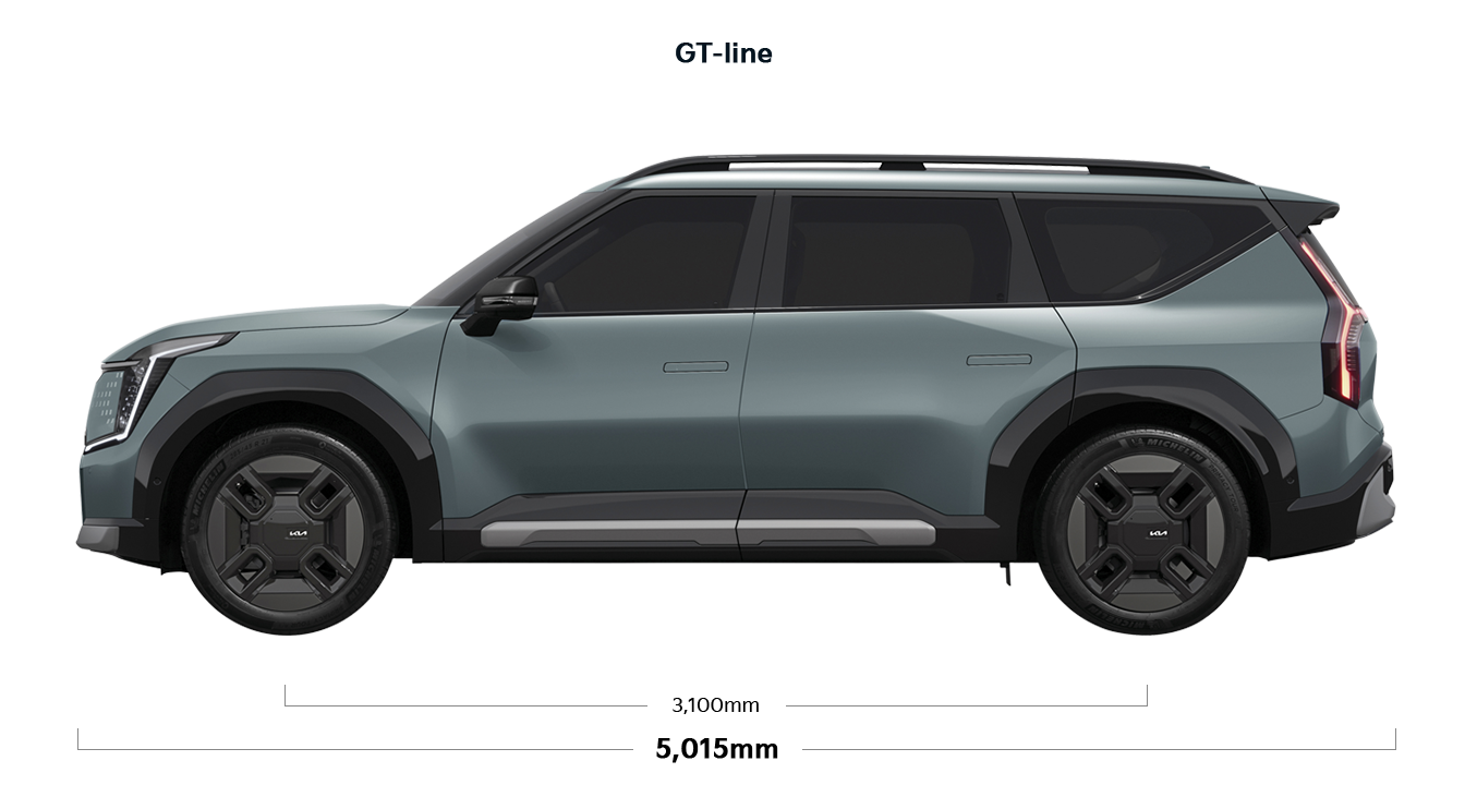 EV9 GT-line 제원 측면 : 전장 5,015mm, 축거 3,100mm