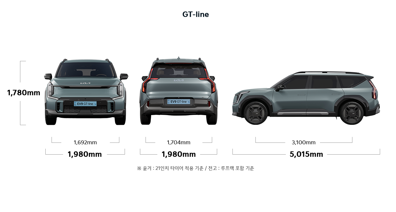 EV9 GT-line 제원 정면,후면,측면 : 전폭 1,980mm, 전고 1,780mm, 윤거 전 1,692mm, 전폭 1,980mm, 윤거 후 1,704mm, 전장 5,015mm, 축거 3,100mm ※ 윤거 : 21인치 타이어 적용 기준 / 전고 : 루프랙 포함 기준