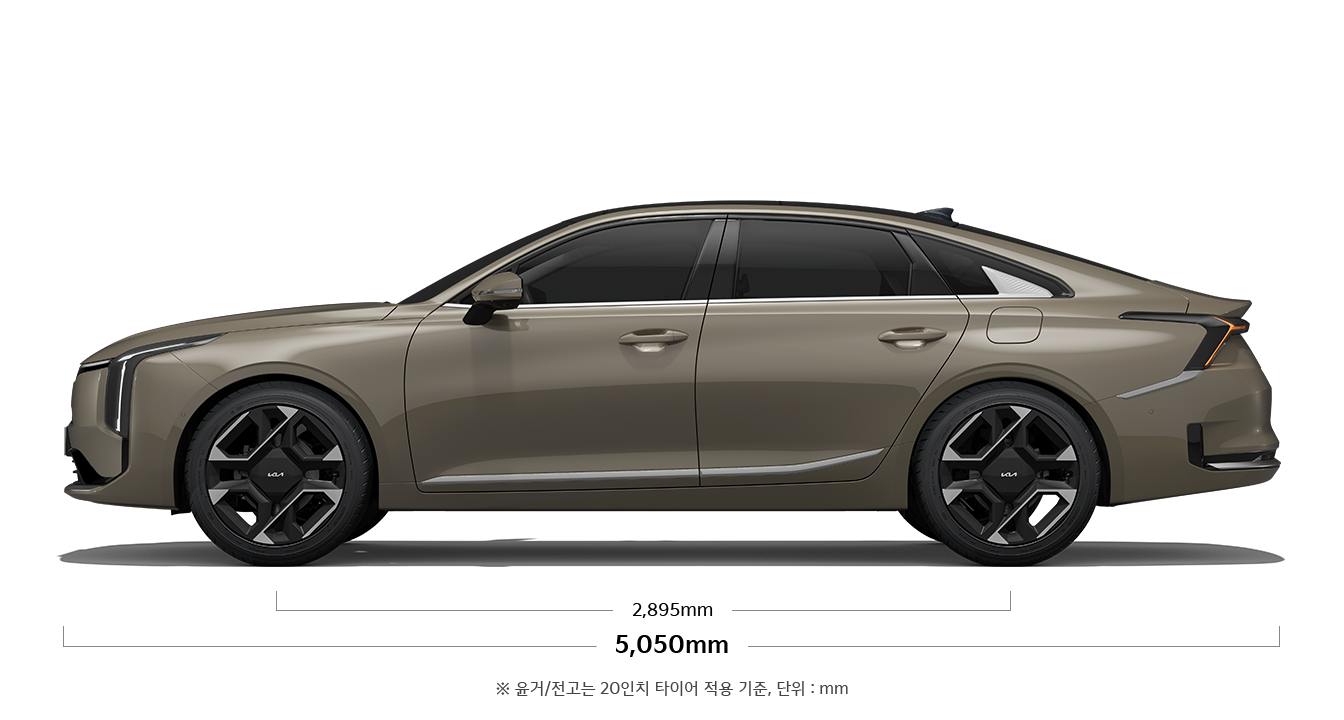 K8 제원 측면 : 전장 5,050mm, 축거 2,895mm ※ 윤거/전고는 20인치 타이어 적용 기준, 단위 : mm