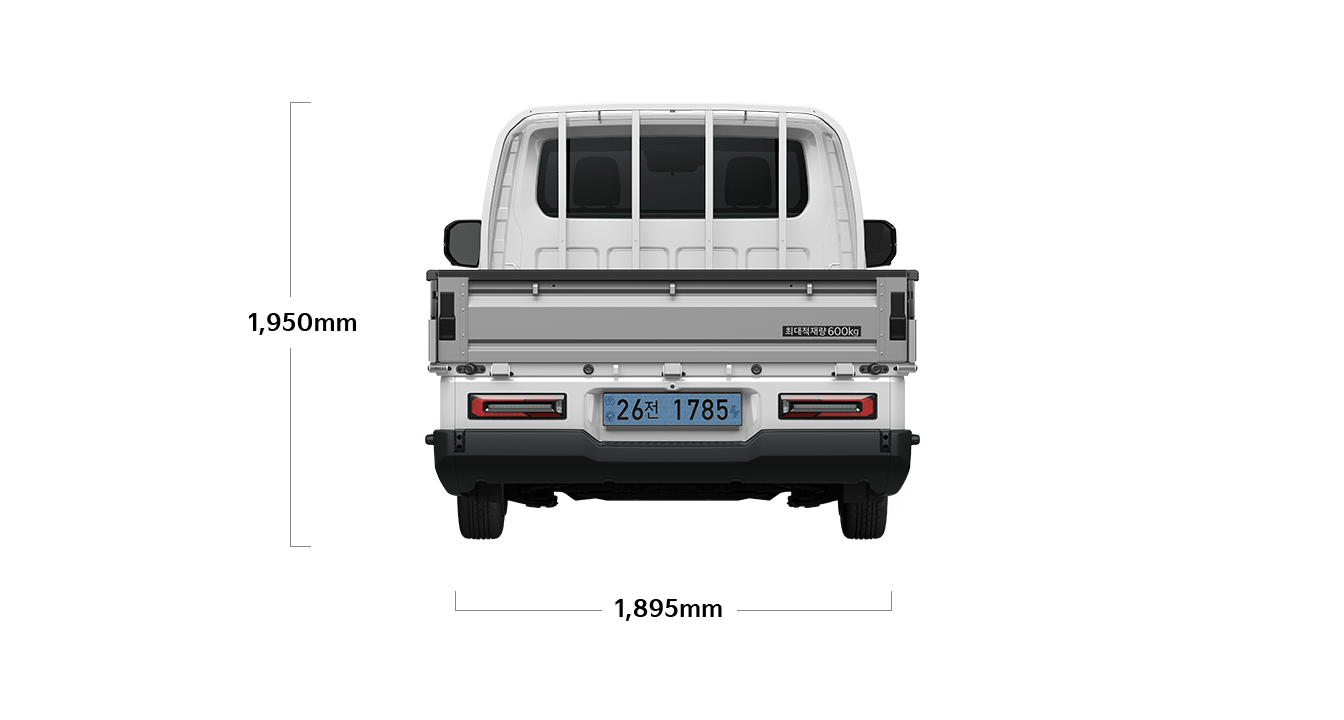 PV5 오픈베드 제원 후면 : 전폭 1,895mm, 전고 1,905mm