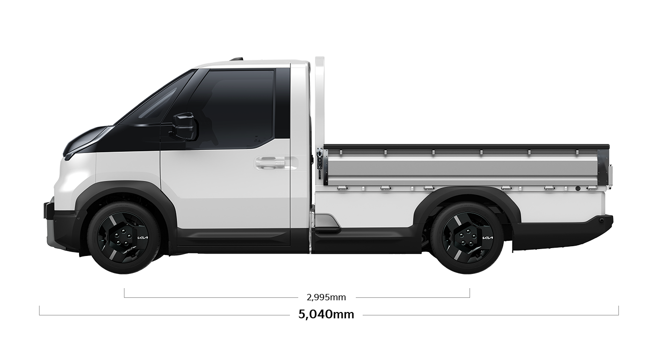 PV5 오픈베드 제원 측면 : 휠베이스 2,995mm, 전장 5,040mm
