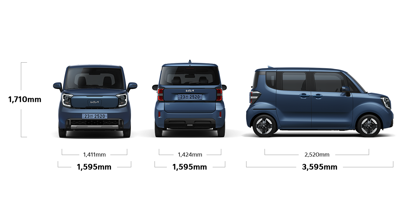 레이 EV 제원 정면,후면,측면 : 전폭 1,595mm, 전고 1,710mm, 윤거 전 1,411mm, 전폭 1,595mm, 윤거 후 1,424mm, 전장 3,595mm, 축거 2,520mm