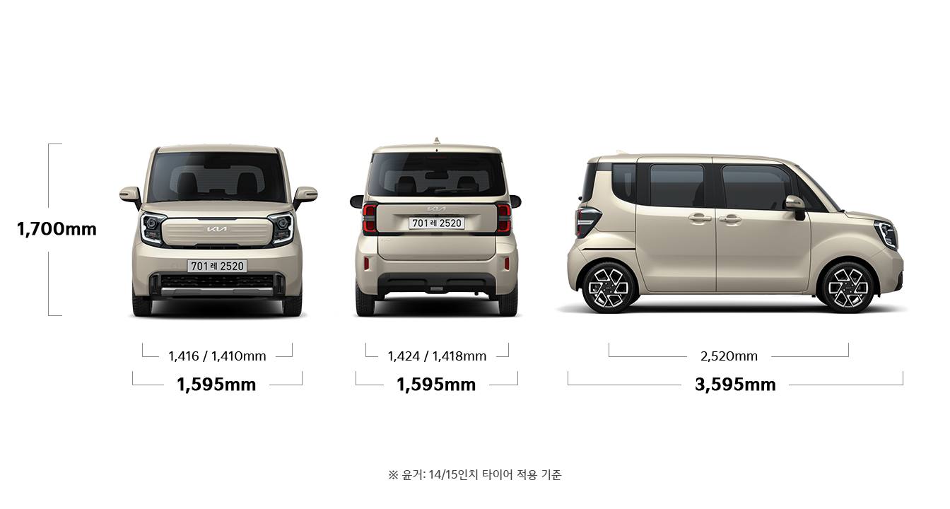 레이 제원 정면,후면,측면 : 전폭 1,595mm, 전고 1,700mm, 윤거 전 1,416 / 1,410mm, 전폭 1,595mm, 윤거 후 1,424 / 1,418mm, 전장 3,595mm, 축거 2,520mm ※ 윤거: 14/15인치 타이어 적용 기준