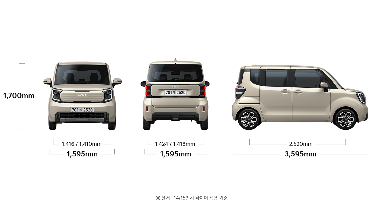 레이 제원 정면,후면,측면 : 전폭 1,595mm, 전고 1,700mm, 윤거 전 1,416 / 1,410mm, 전폭 1,595mm, 윤거 후 1,424 / 1,418mm, 전장 3,595mm, 축거 2,520mm ※ 윤거: 14/15인치 타이어 적용 기준