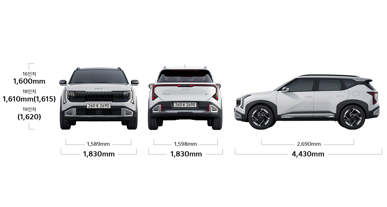 셀토스 제원 정면,후면,측면 : 전폭 1,800mm, 전고 16인치 1,600mm (1,615) 18인치 1,605mm (1,620), 윤거 전 1,575 / 1,560mm, 전폭 1,800mm, 윤거 후 1,584 / 1,568mm (2WD) 1,587/ 1,571mm (4WD), 전장 4.390mm, 축거 2,630mm ※ 전고 : ( )는 루프랙 장착 기준 ※ 윤거 : 16 / 18인치 타이어 적용 순입니다.