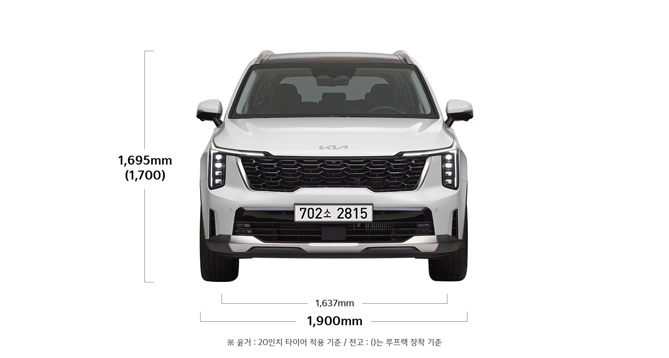 쏘렌토 제원 정면 : 전폭 1,900mm, 전고 1,695(1,700)mm, 윤거 전 1,637mm ※ 윤거 : 20인치 타이어 적용 기준 / 전고 : ()는 루프랙 장착 기준