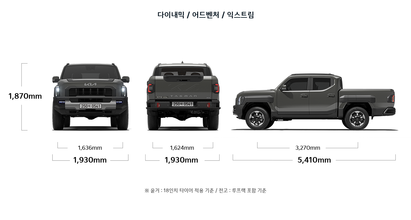 타스만 다이내믹/어드벤처/익스트림 제원 정면/후면/측면 : 전고 1,870mm, 윤거 전 1,636mm, 전폭 1,930mm, 윤거 후 1,624mm, 축거 3,270mm, 전장 5,410mm ※ 윤거 : 18인치 타이어 적용 기준 / 전고 : 루프랙 포함 기준
